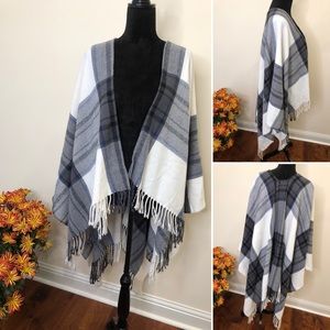 Attention Plaid Shawl/Poncho with Tassels